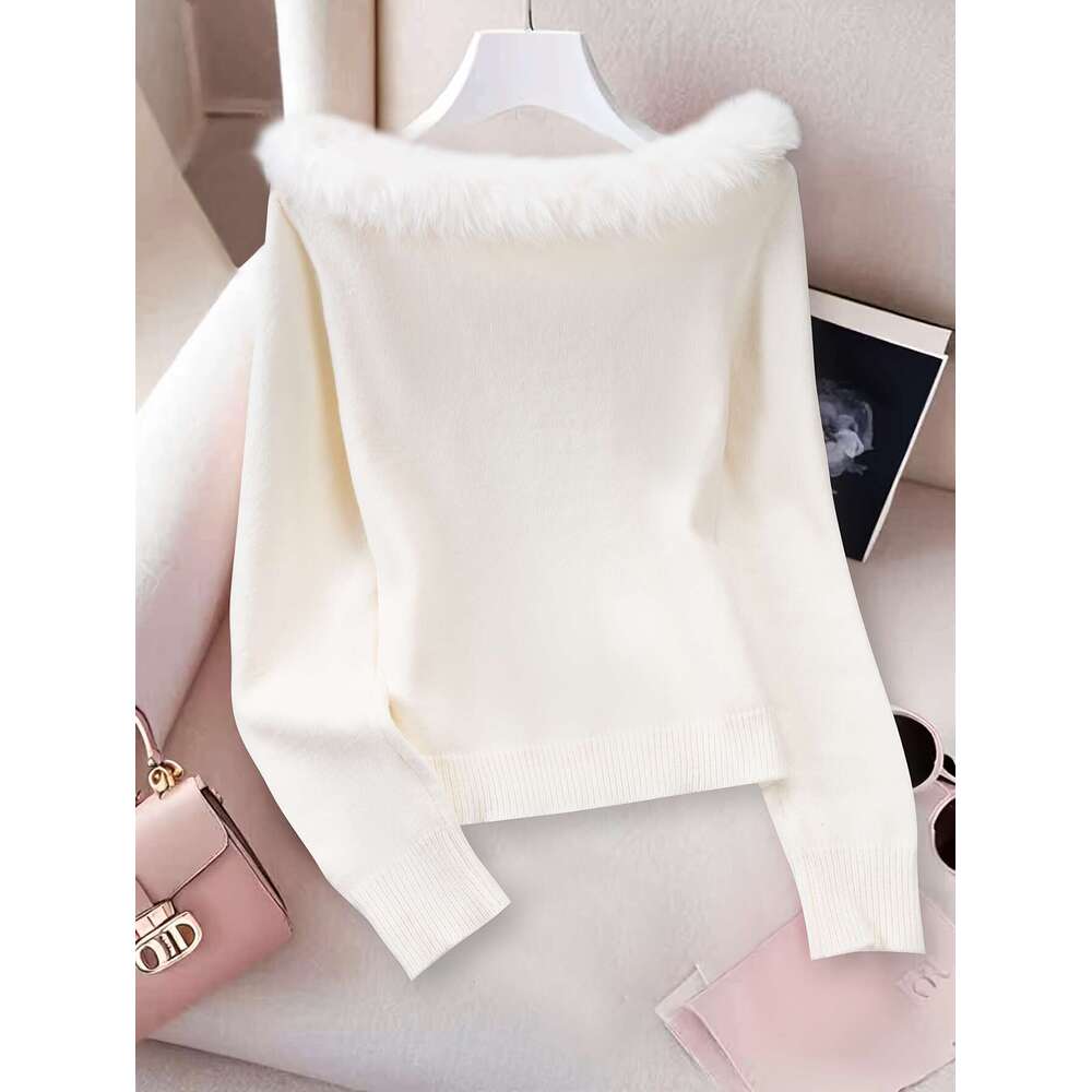 Women's French-Inspired Elegant Off-The-Shoulder Sweater With Faux Fur Trim - Soft Pink Long Sleeve Top, Medium Stretch For All-Season Casual & F