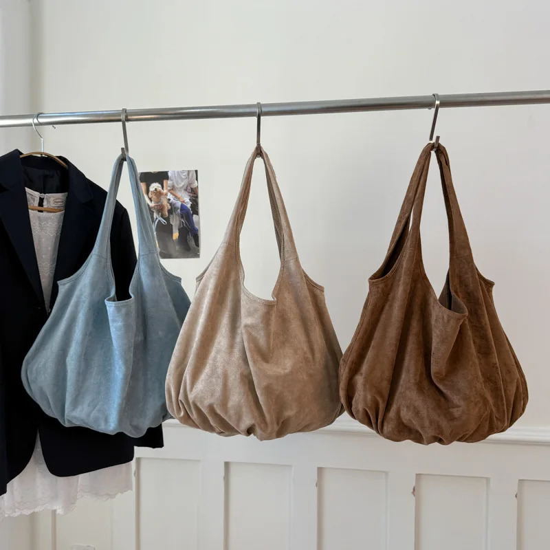 Autumn Retro Large Capacity Suede Tote Bag for Women Simple Solid Color Ladies Shoulder Bags Versatile Portable Female Handbags 251104