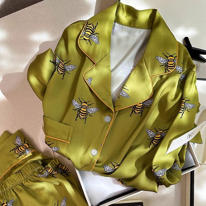 Designer Women Pajamas Set Spring Autumn 2 Piece Bee Print Luxcury Pyjama Pocket Faux Silk Satin Sleepwear Long Sleeve Pijama High Quality