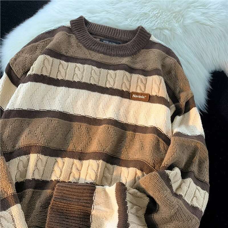 Striped Design Round Neck Pullover Long Sleeve Sweater Women, Autumn And Winter Loose Sweet Knitted Top For Outerwear B5