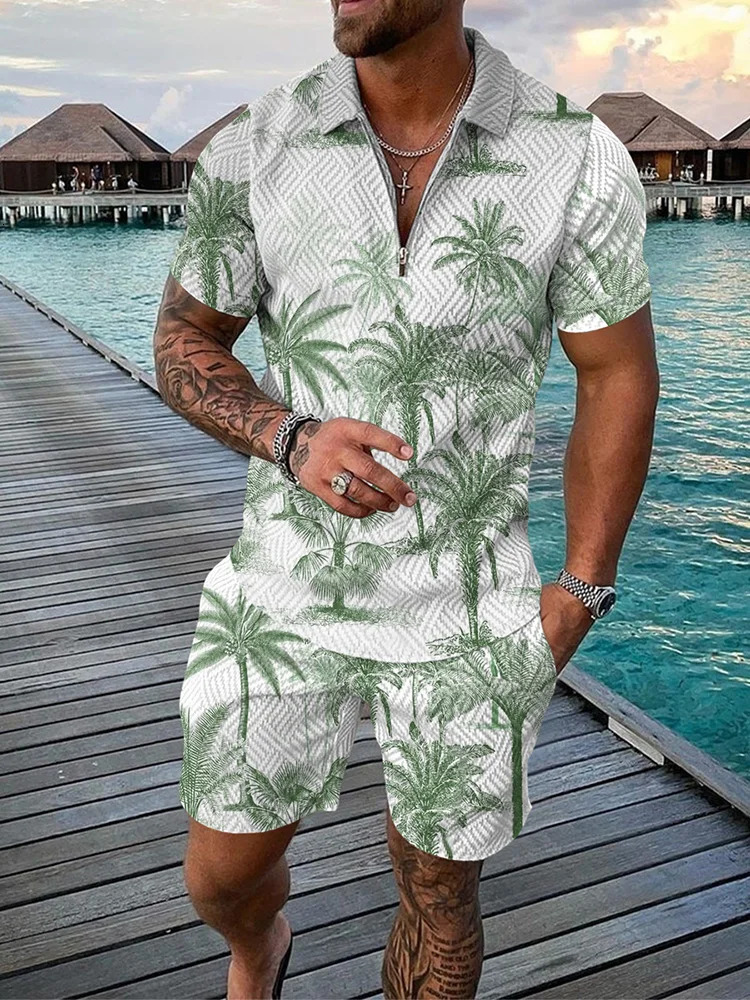 Summer Hawaii 3D printed polo shirt shorts set mens fashion oversized short sleeved shirt pants set mens sportswear set 250402