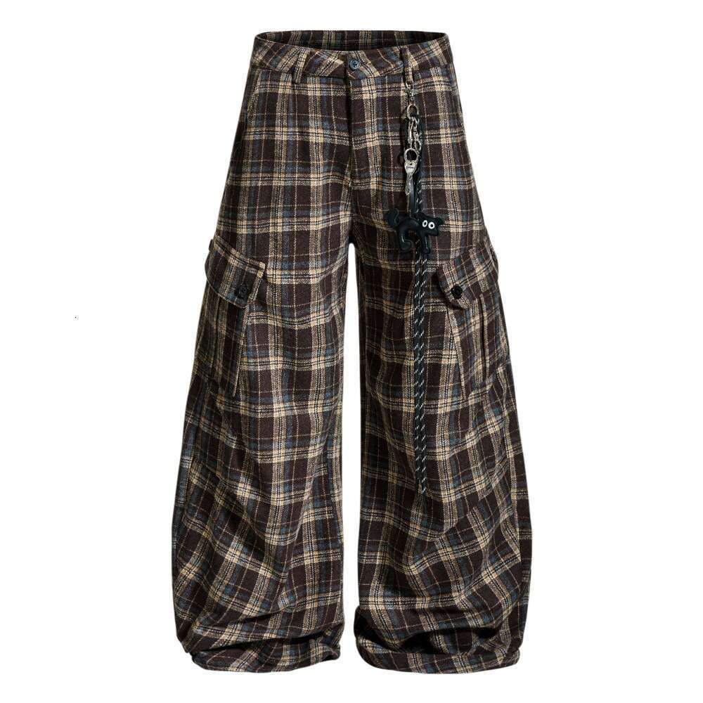 Loose Long Men's European and American Trendy Brand Vibe Sports Casual Pleated Paratrooper Plaid Multi-Pocket Cargo Pants