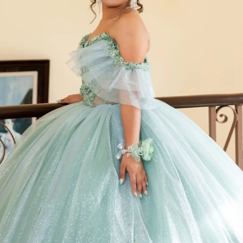 Aqua Blue Shiny Quinceanera Dresses Off The Shoulder Applique Lace Beading Crystal Tull Party Birthday Sweet 16 Dress Vestidos 15 Anos