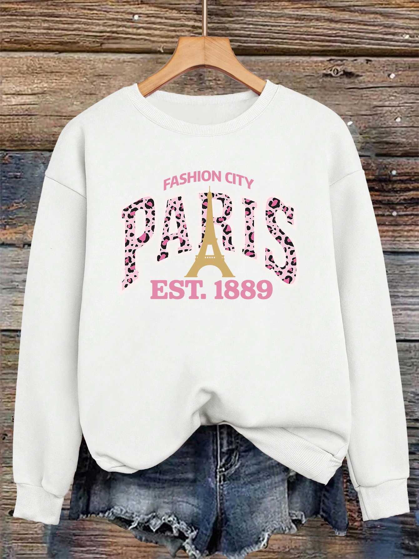 Pink Leopard Print Paris 1889 Pattern Woman Pullovers Autumn Crewneck Sweatshirt Casual Loose Clothing Fleece Hip Hop SportswearT251105