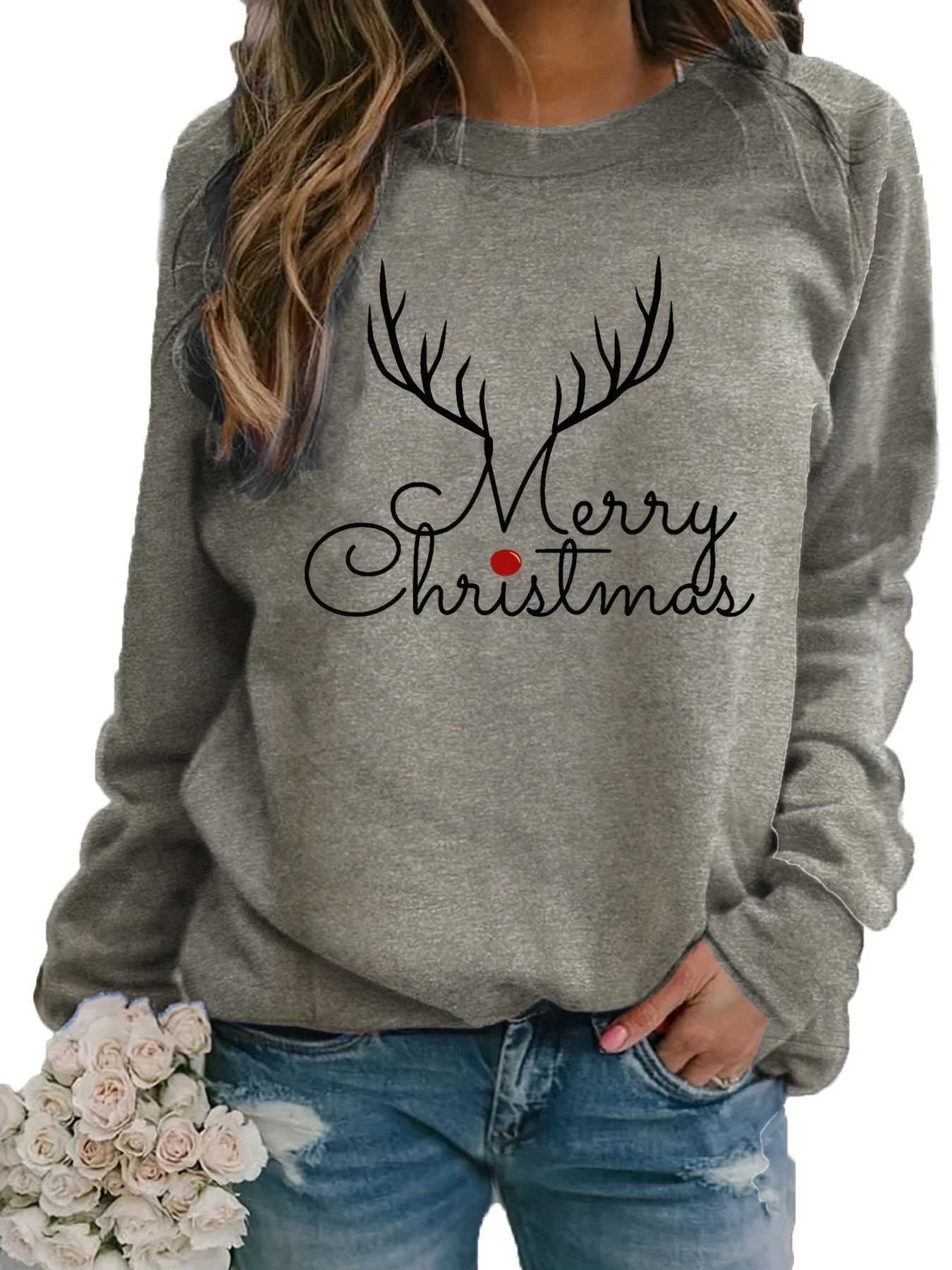 Womens autumn and winter casual loose warm Christmas print comfortable plus velvet long sleeved round neck sweatshirtT251105