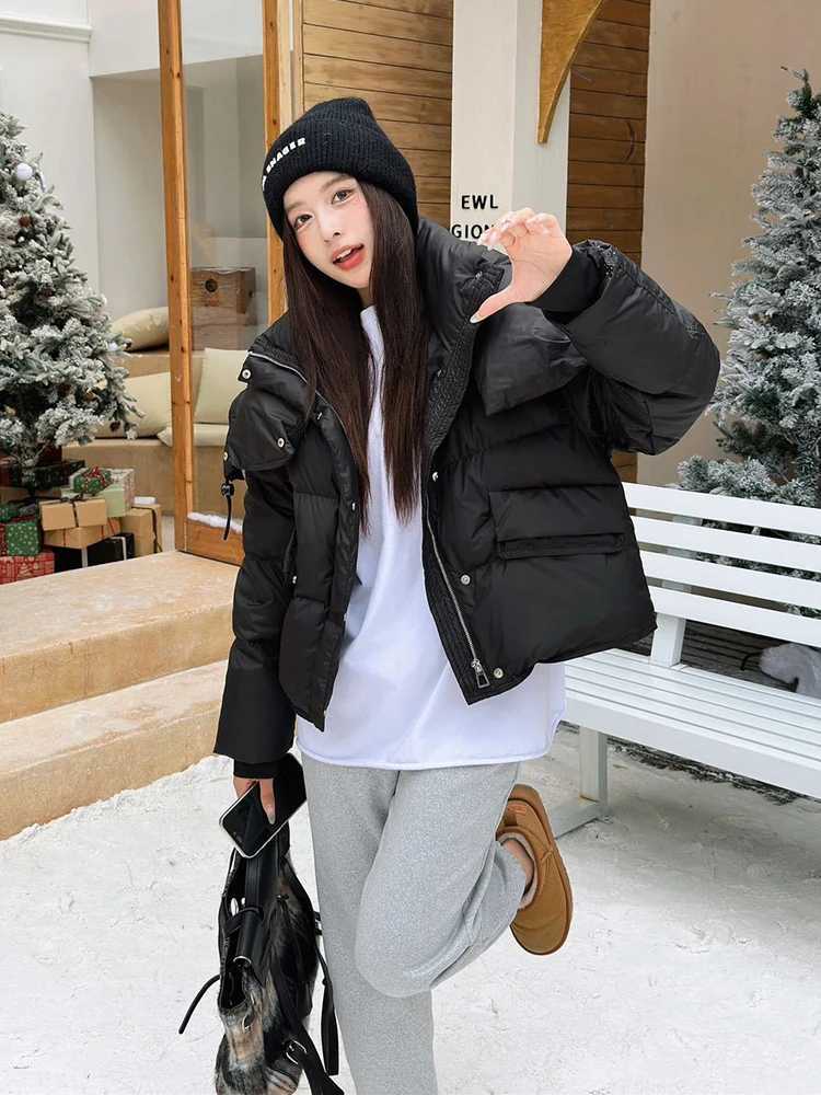 Winter Short Fluffy Big Lapel Warm Down Jacket Women White Duck Down Zipper Parker Outwears Female Solid Thicken Puff JacketsT251105