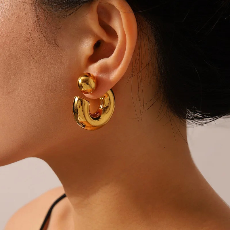 Stainless steel Cshaped round bulky earrings jewelry waterproof metal texture attractive accessories for women gifts 250326