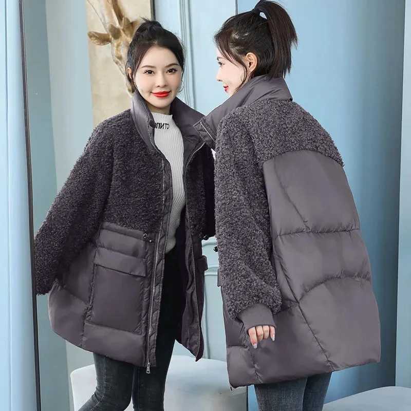 Down Jacket Womens Mid-Length 2025Winter New Cotton-Padded Coat Loose Outwear Lamb Fleece Thickened Jackets Female Overcoat TopT251105