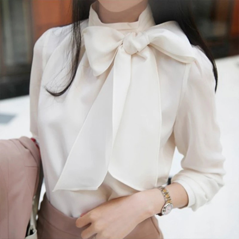 Womens Spring and Autumn Chiffon Shirt Womens Elegant Bow Turtle Neck Solid Color Long Sleeve Casual Top DD8309 250402