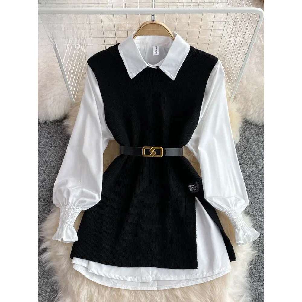Women's Chic Age-Reducing 2-Piece Set Long Sleeve White Shirt Sweater Loose Fit Knit Vest Pullover Spring Autumn Fashion Designer Sweater Bear Sw