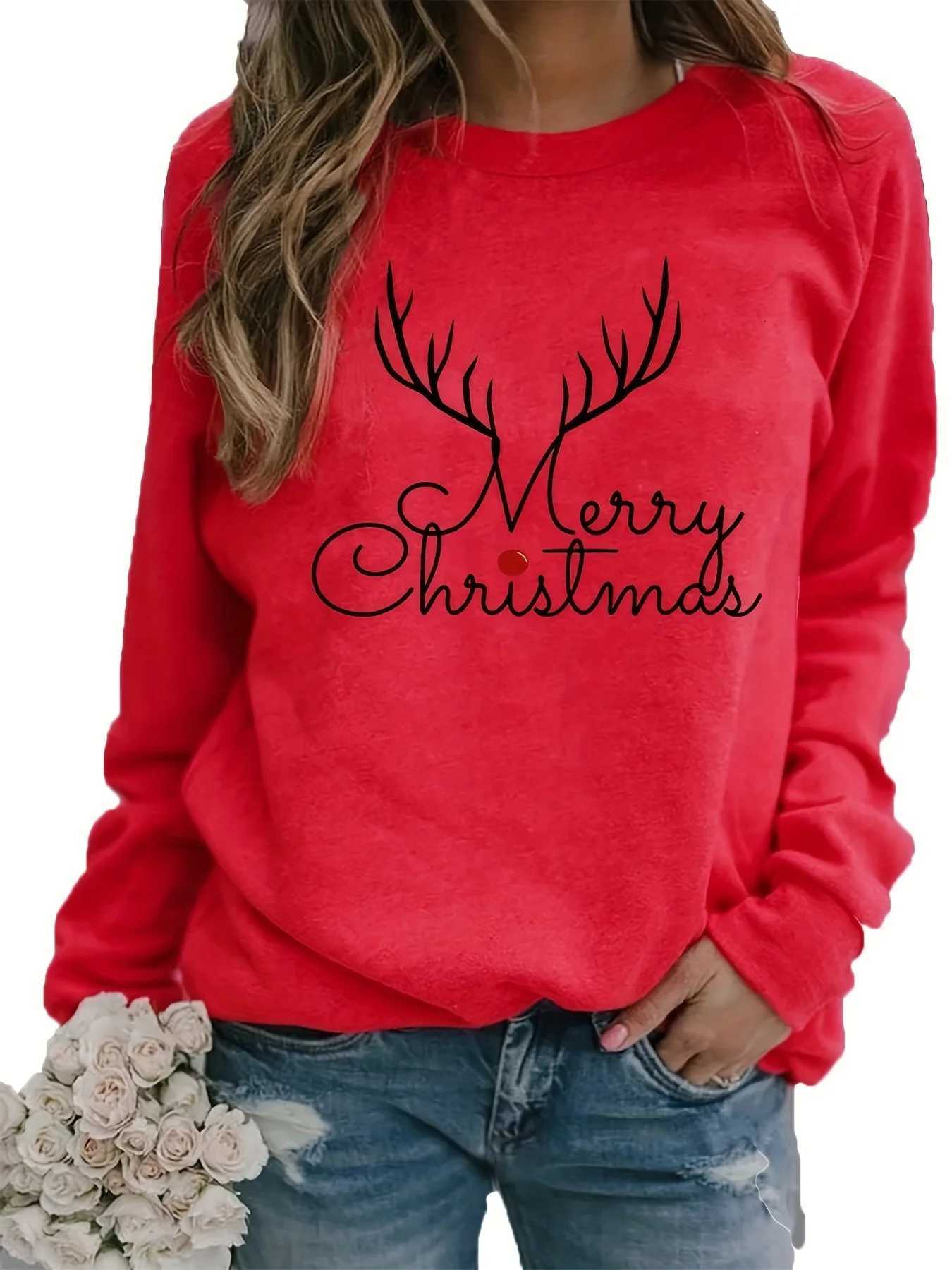 Womens autumn and winter casual loose warm Christmas print comfortable plus velvet long sleeved round neck sweatshirtT251105
