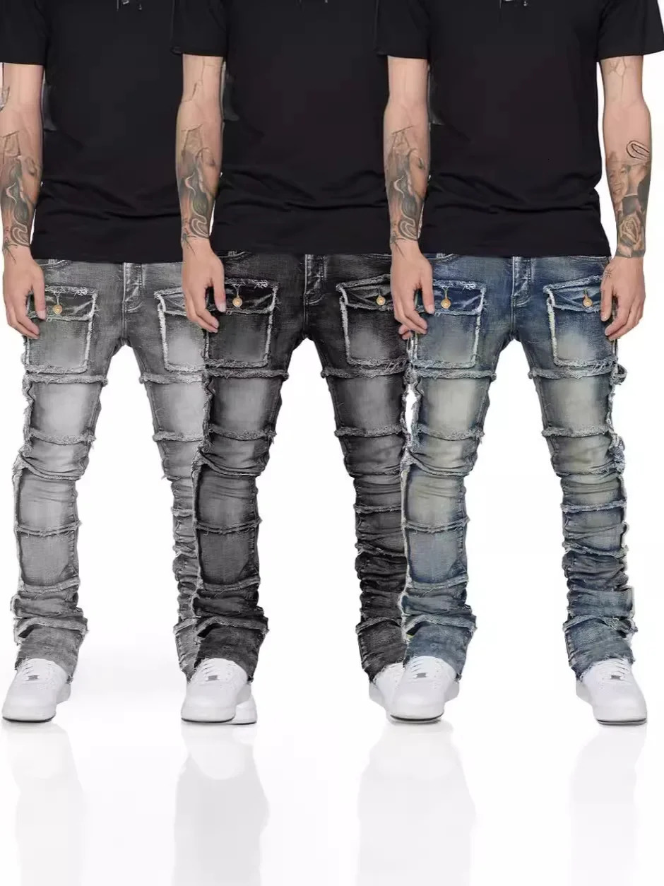 Trend Mens Jeans European and American Fashion Work Clothes Mens Wardrobe with Patches Elasticity Layering and Slight Glitter 250402
