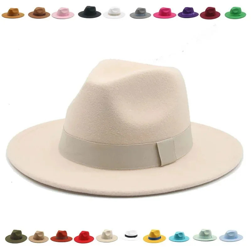 Fedora Hat Women Winter Hats for Women Ribbon Band Mens Hat Wide Brim Classic Beige Wedding Church Bowler Cap chapeau femme 251104