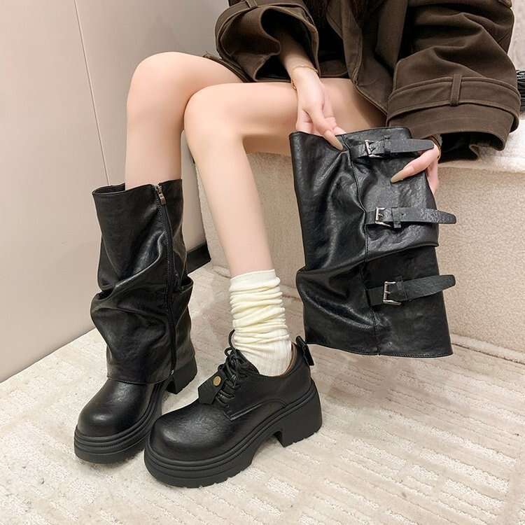High Quality Fashion Two-Way Belt Buckle Cuff Short 2025 Autumn New Slimming Casual Slouchy Long Tube Riding Boots for Women Women's Leather Boot