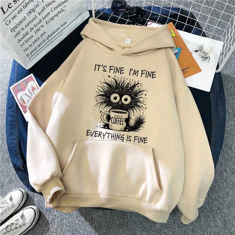 Womens Casual Hooded Clothes Vintage Gothic Y2k Sweatshirts Pullovers Whimsical Cat and Coffee Printed Kangaroo Pocket HoodiesT251105