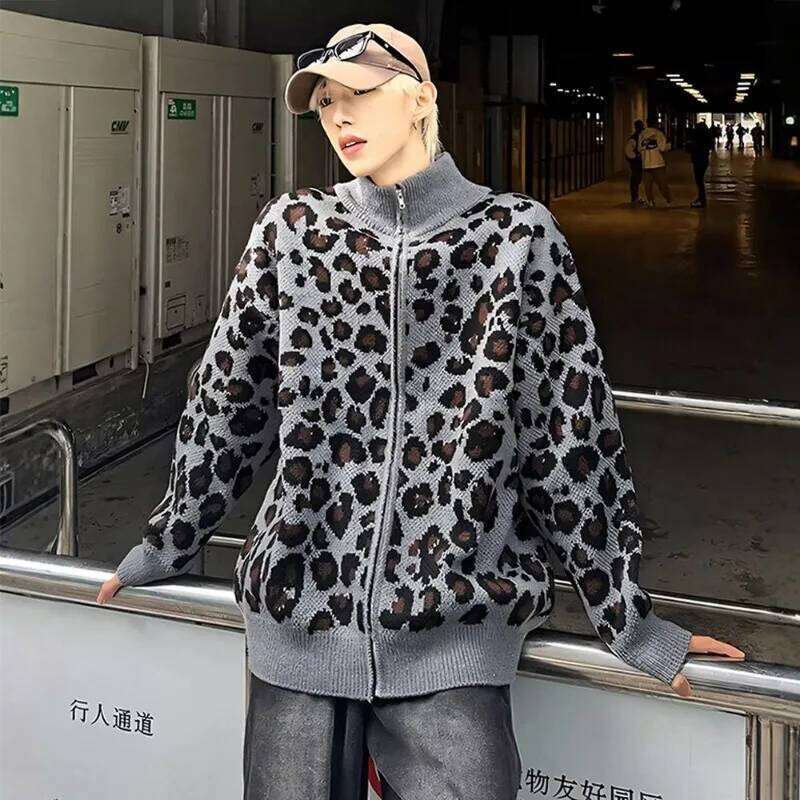 American Vintage Leopard Print New Sweater Knit Cardigan Y2k Gothic College Men And Women Loose Lazy Wind Casual Joker Coat Designer Sweater Bear Swea