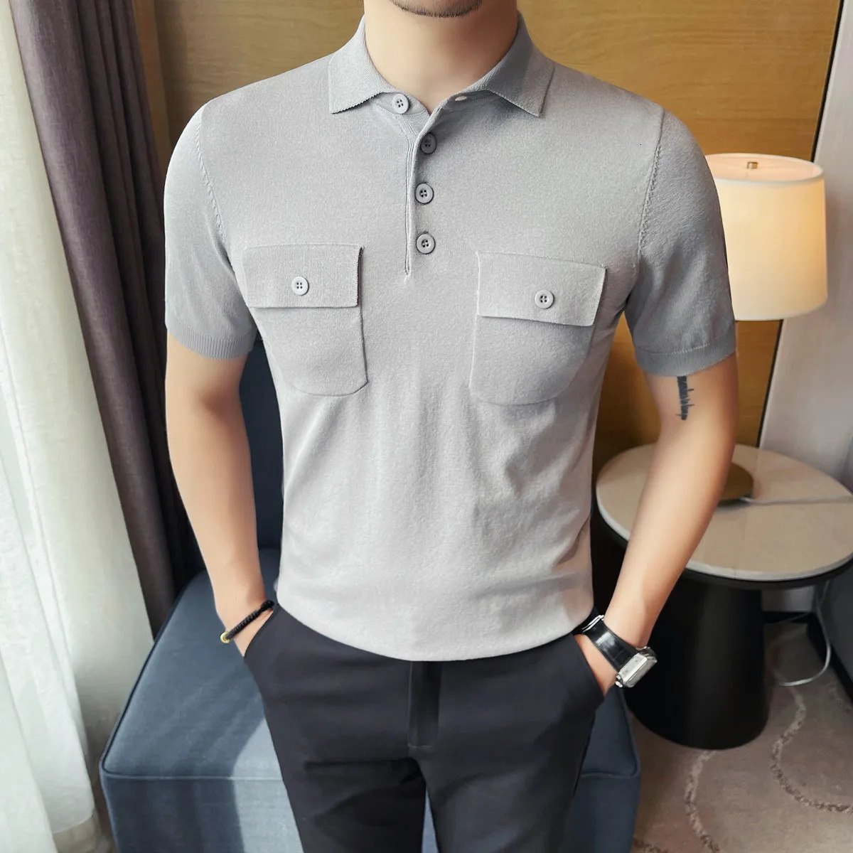 Polo shirt mens summer fashion double pocket short sleeved mens polo shirt slim fit casual silk knit pull-out 250401