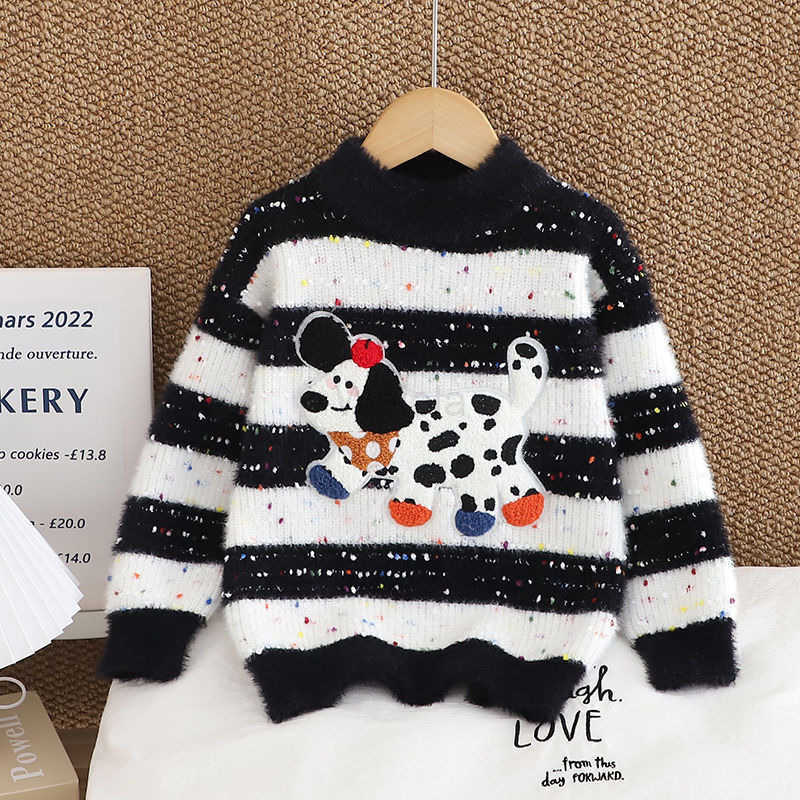 Sanrio Girls Sweater Autumn Winter 2025 New Childrens Cartoon Thickened Base Mink Knitwear Stylish Kuromi Colorful Dots H251105