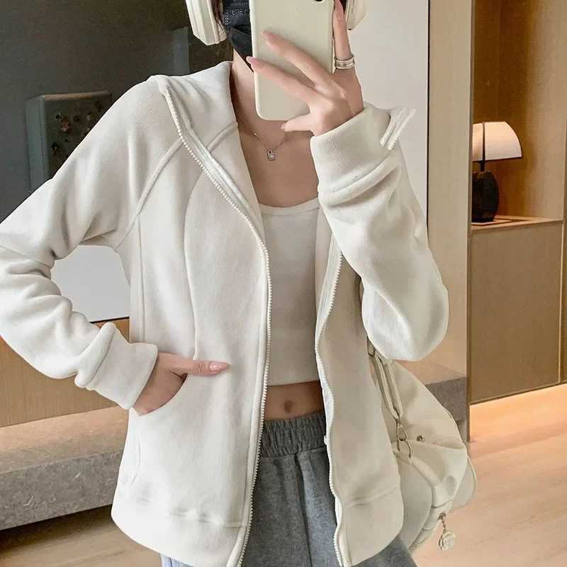 Hooded zipper sports cardigan jacket for womens autumn and winter new style with added velvet casual long sleeved sweatshirtT251105