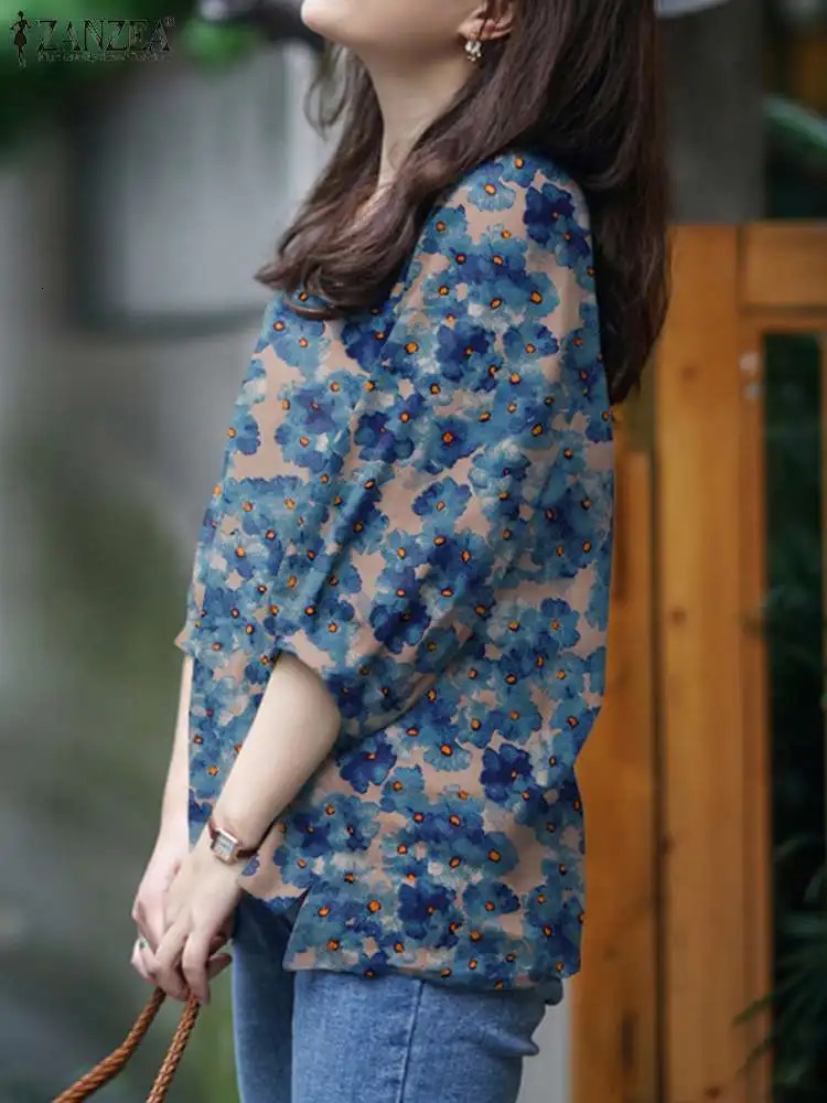 Vintage Party Holiday Blouse ZANZEA Women Bohemian Floral Printed V Neck 3/4 Sleeve Shirt Blusas Spring Casual Loose Tunic Tops 250325