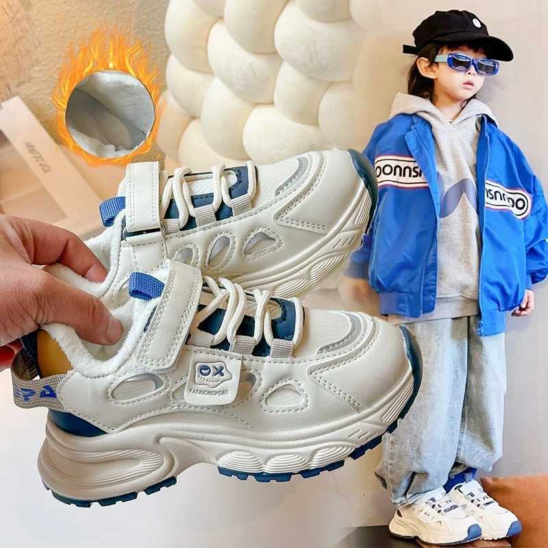 Childrens Padded Sneakers 3-18 Years Old Boys Thickened Leather Girls White Shoes Fall Winter Soft Non-slip Kids Cotton ShoesT251105