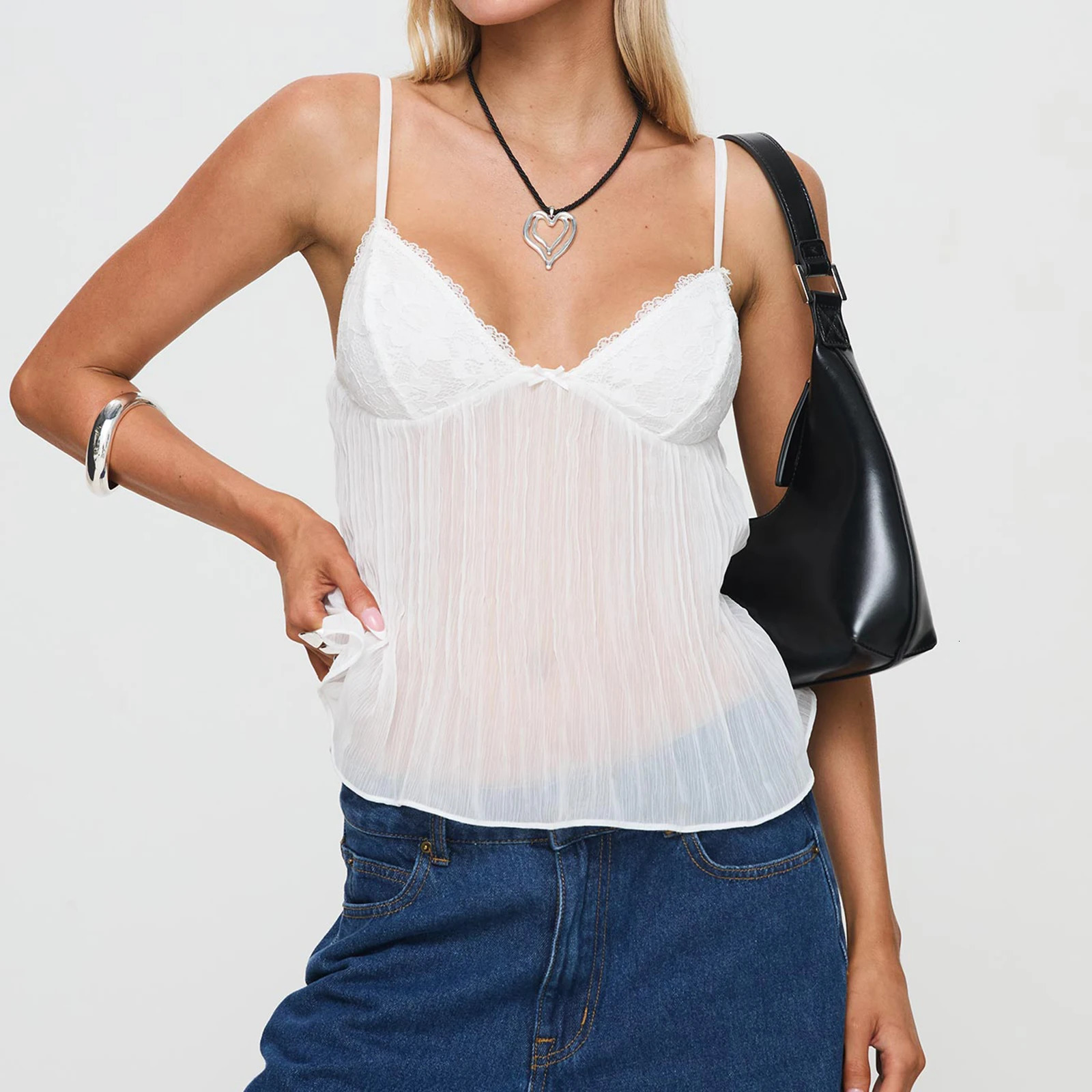 Womens y2k fairy pleated mesh transparent Camisol mini bow front spaghetti shoulder strap V-neck lace cut top club outfit 250403
