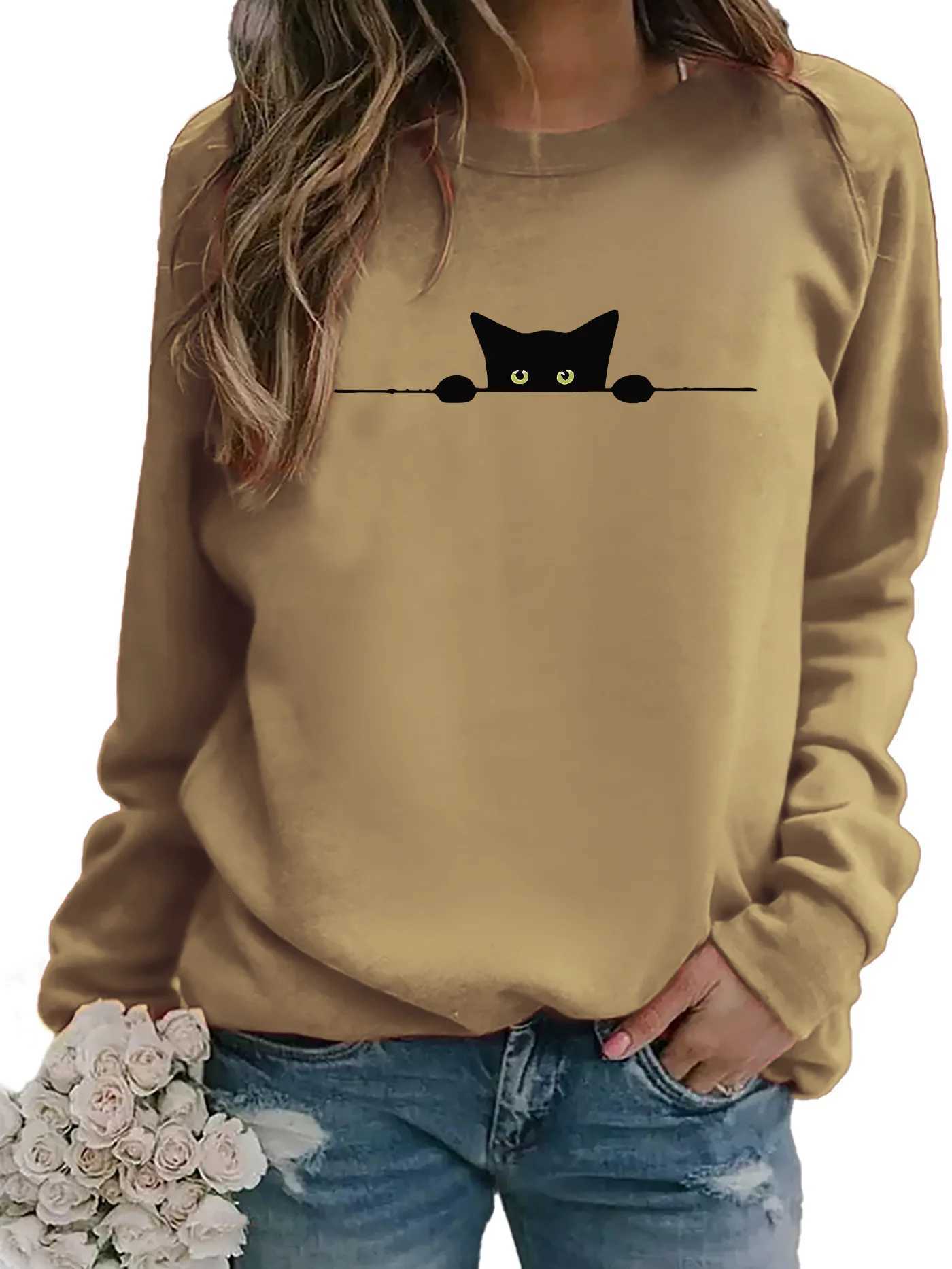 Womens Casual Blackcat Print Pullover Sweatshirt Geometric Design Long Sleeve Round Neck Machine Washable Regular Fit for AutumT251105