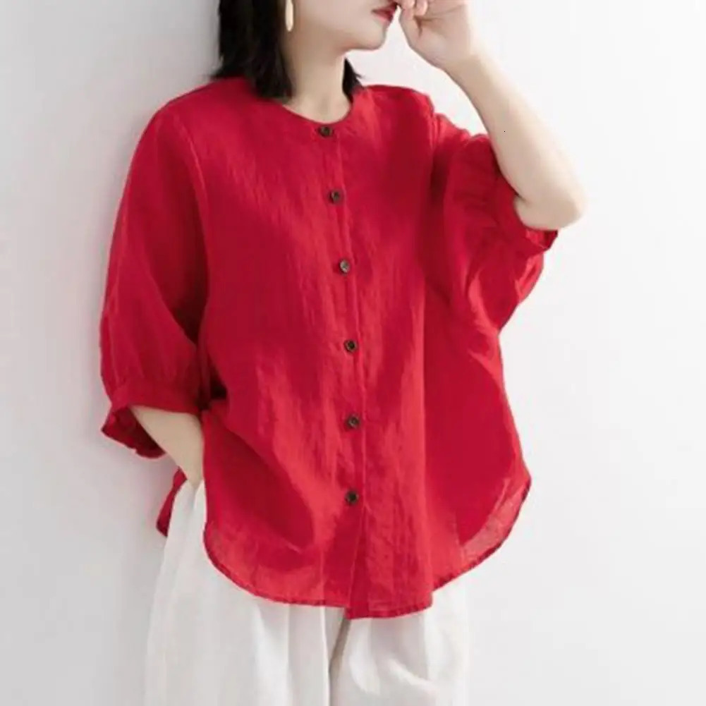 Women Shirt Retro Half Lantern Sleeves Ruffle Cuffs O Neck Summer Linen Shirts Ladies Loose Female Sweatshirt Top Casual Blouse 250402