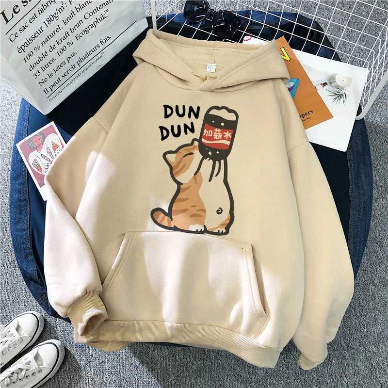 Cat Drinking Beverages Print Sweatshirts Clothes Women Casual 90s Kangaroo Pocket Hoodies Unisex Fashion Funny Hooded PulloversT251105