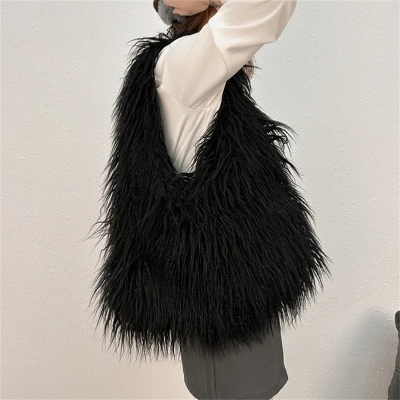 2025 Wool Womens Plush Shoulder Bags Y2k Girls Faux Fur Drawstring Bucket Bag Fashion Female Furry Purse Tote Handbags251104ww1