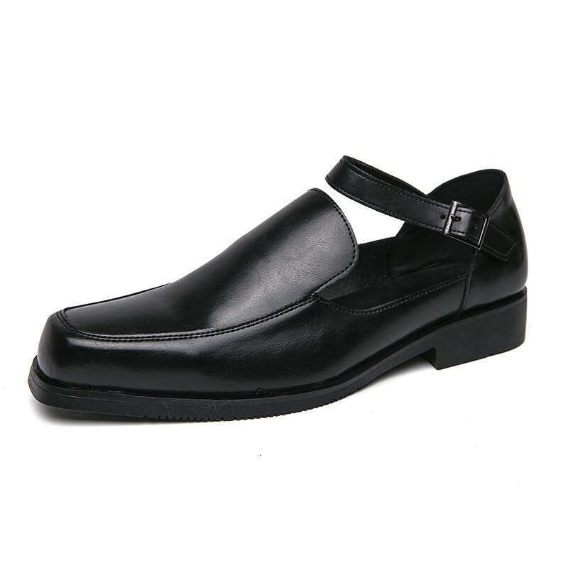 Spring and Autumn Breathable Fashion Black Low Heel Buckle Square Head Small Leather Shoes Large Size Baotou Sandals