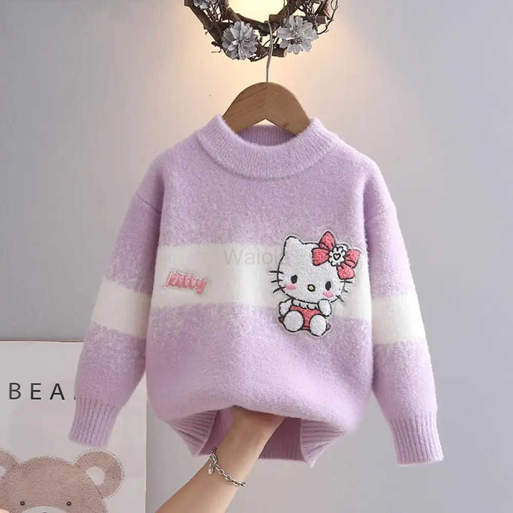 Sanrio Girls Hello Kitty Sweater Autumn Winter Cute Pullover Knitted Sweater Cartoon Bottoming Shirt Childrens Leisure Base Top H251105