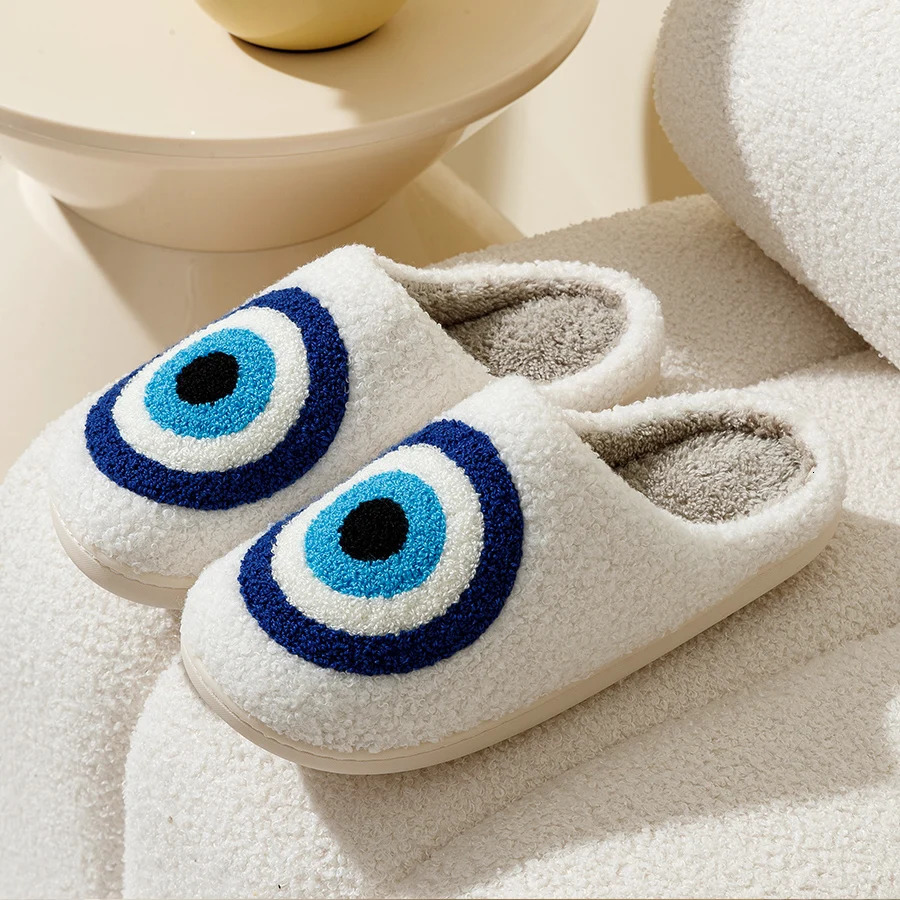Evil Eyes Blue Embroidery slippers High Quality Women Men Slippers Fashion Pattern Shoes Warm Home Devils Eyes Houseshoes 251031