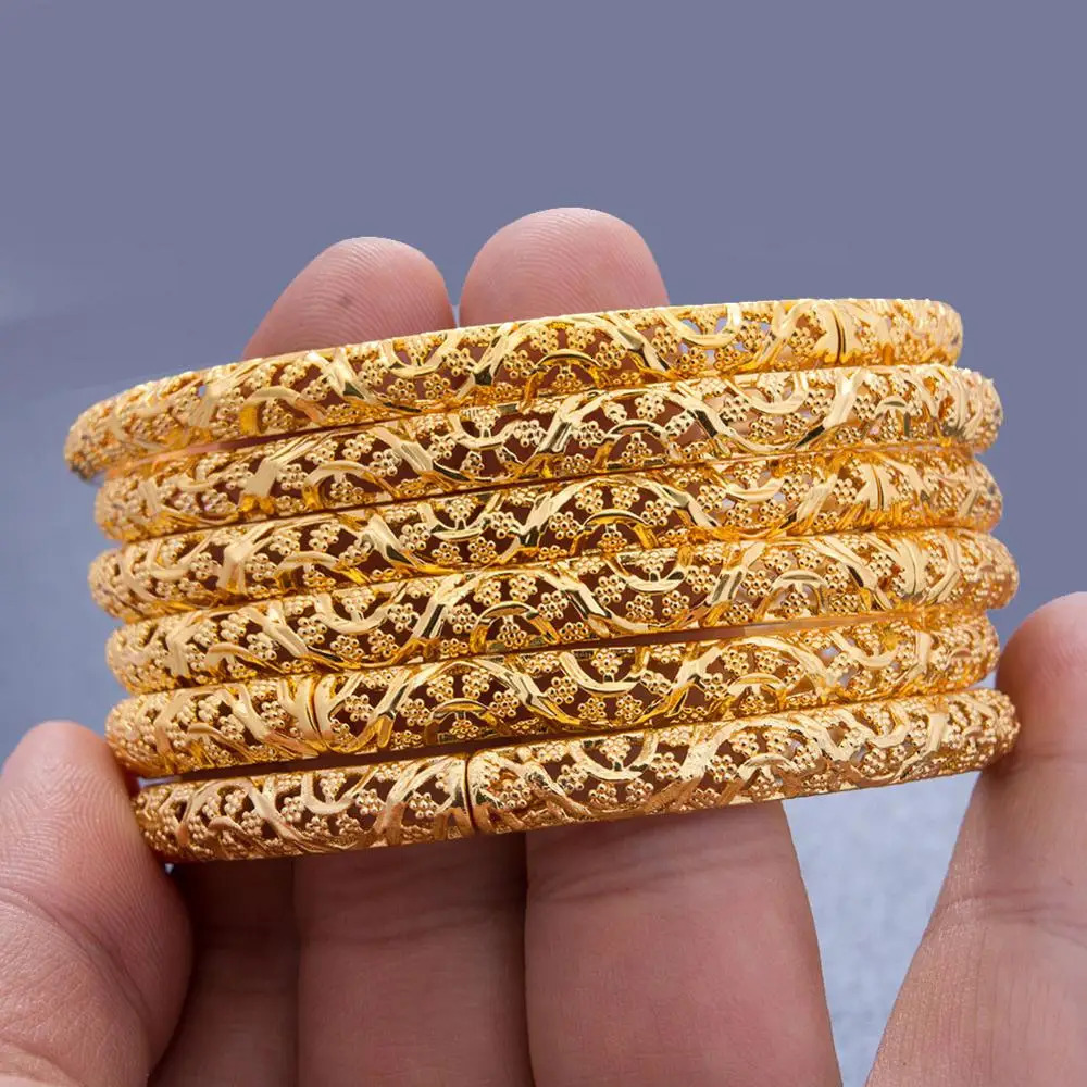 24k 6Pcs Gold Color Dubai India Bangles For Women African Bridal Bangles Bracelets Gold Wedding Bangles Jewellery Gifts 251031