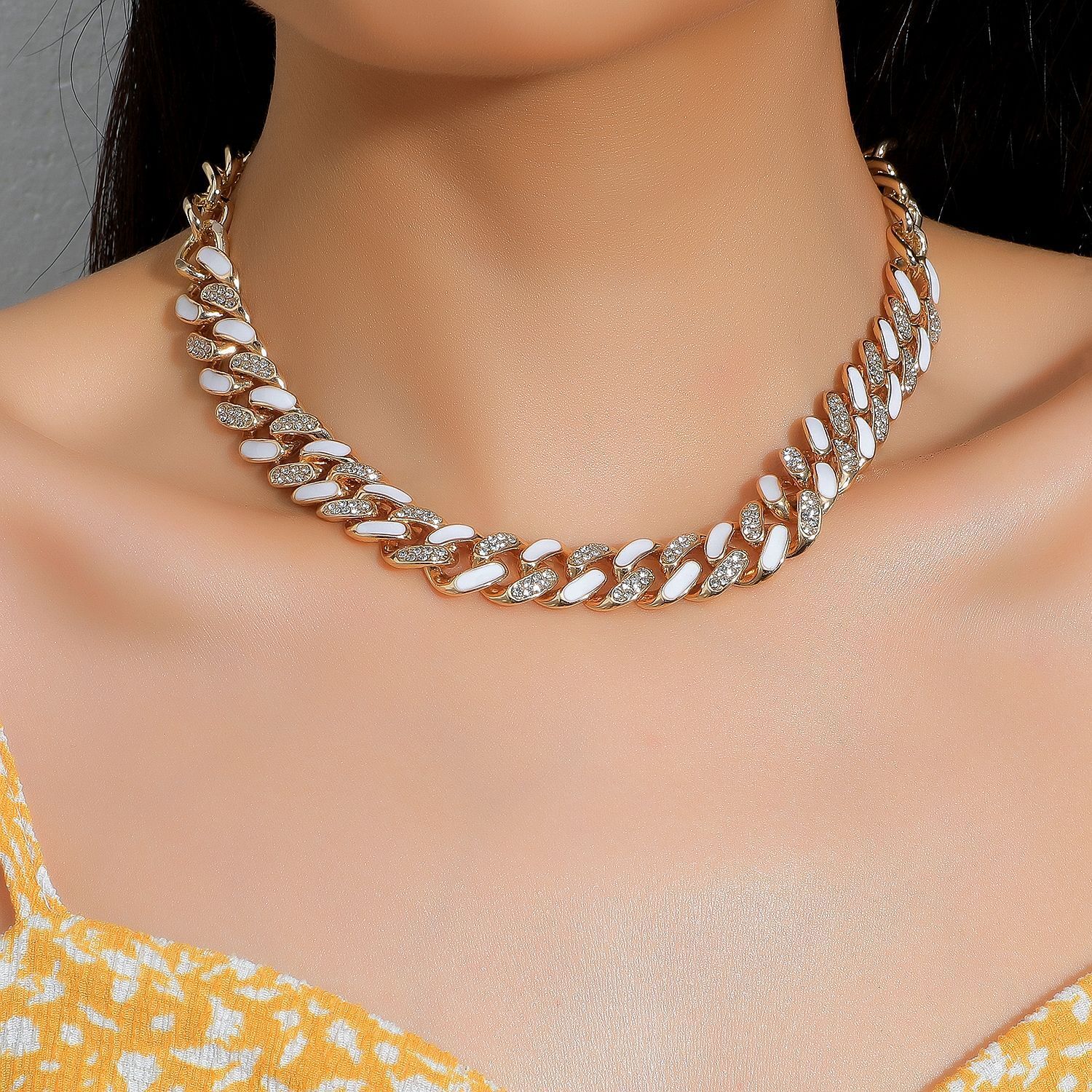 Hip Hop Two-Tone Rhinestone Thick Necklace Fashion Trendy Brand Oil Drip Cuban Chain Unisex New Arrival