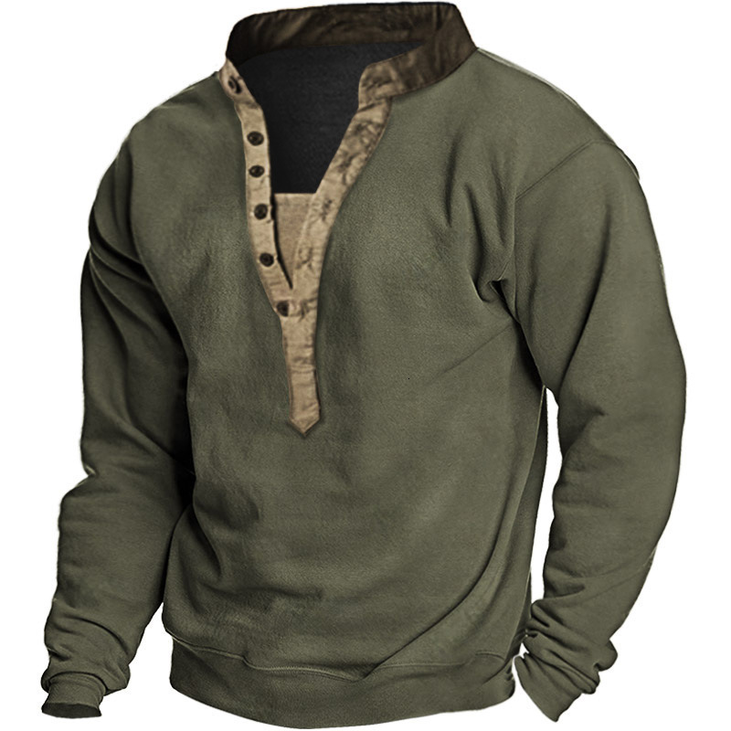 Spring new mens standing collar printed military uniform top mens long sleeved T-shirt mens