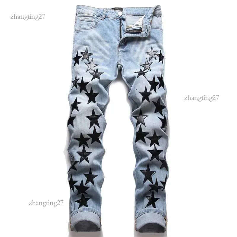 Mens high street new ripped stars patch jeans mens fashion slim feet full of stars stretch jeans male trend X250227