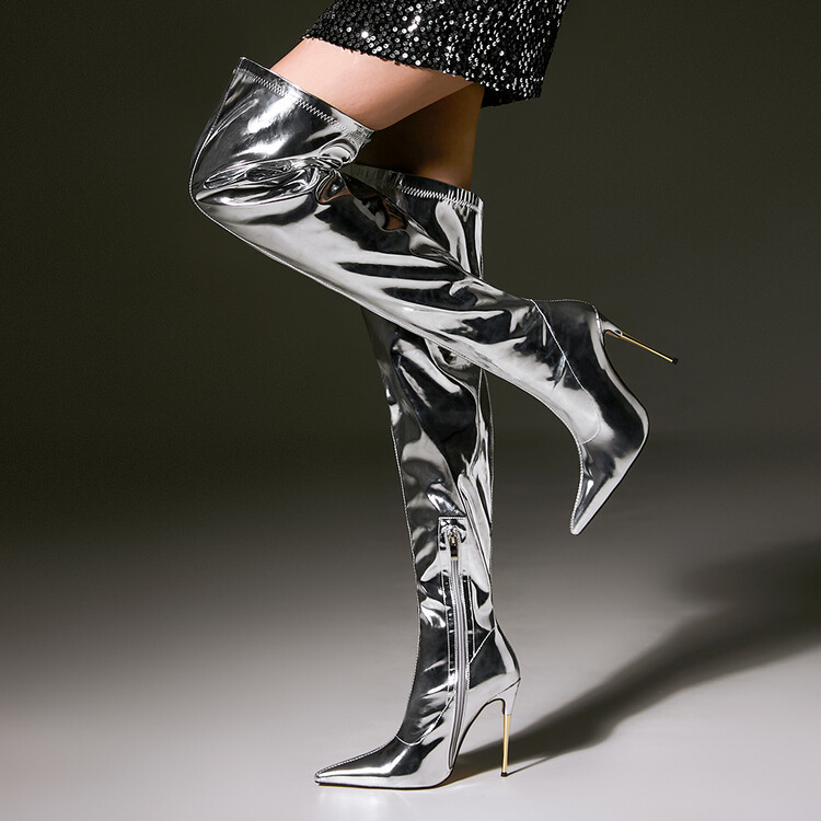 Chengdu Artisan Metallic Laser Over Knee Boots Metal Stiletto Heel Stretch Fit Pole Dance Fashion Boots Silver