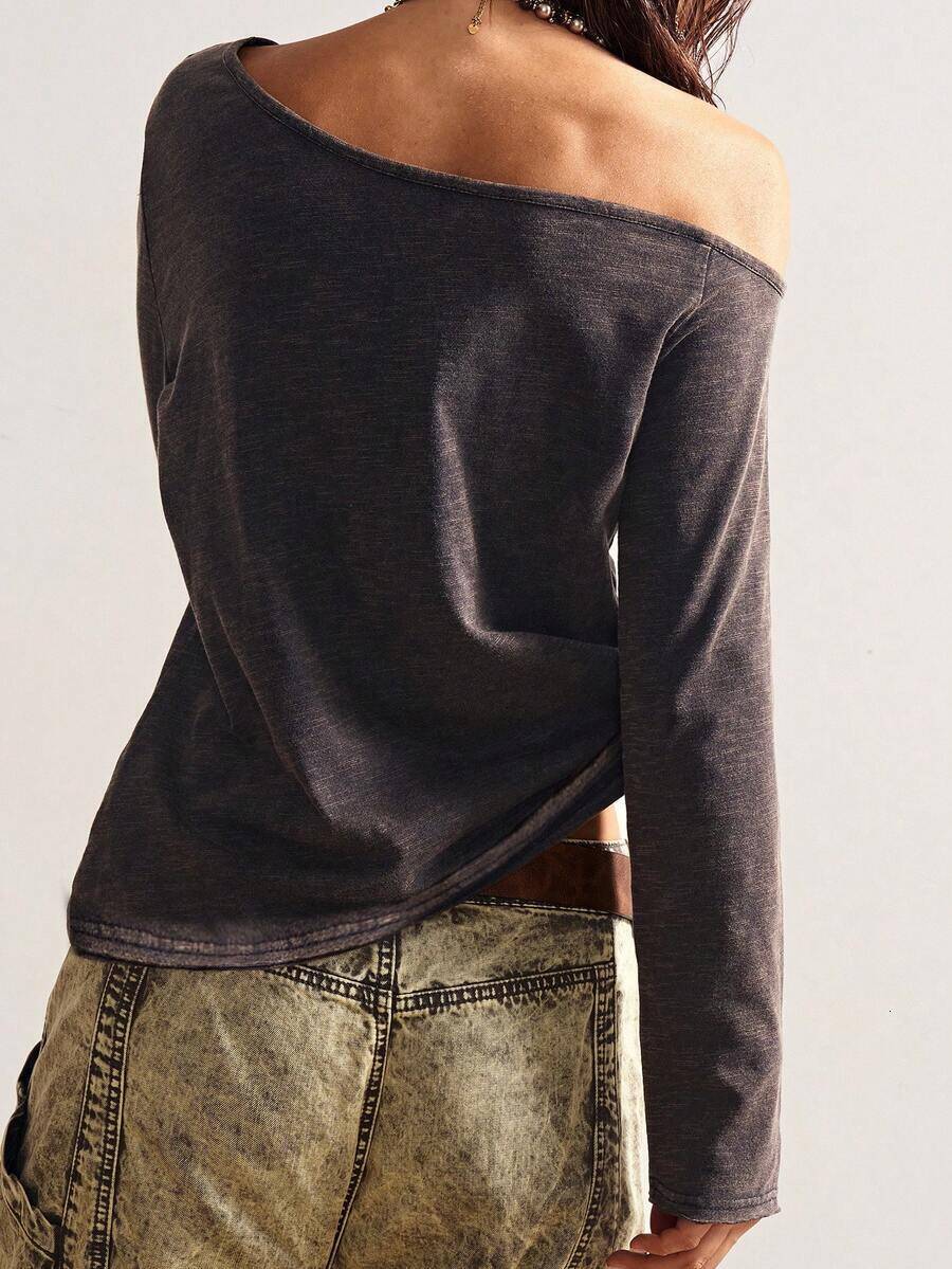 winter jacket women Bohemela Women's Casual Solid Color Knit One-Shoulder Sleeve T-Shirt Off Long Sleeve,Off The Shoulder Top,Fall Tops