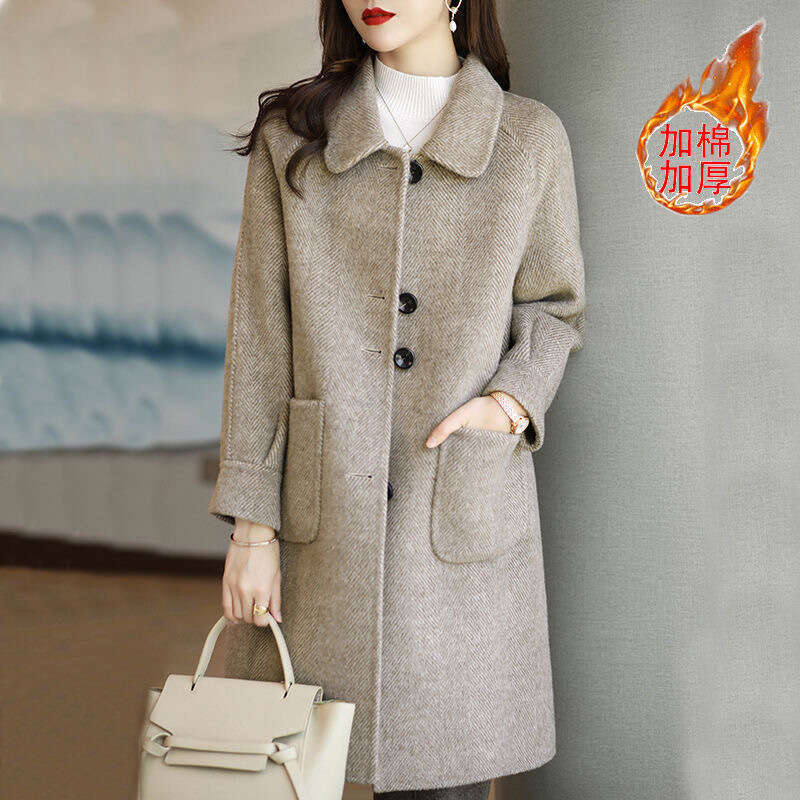 Wool For Women Autumn Winter New Style Petite Thickened Korean Version Slim Fit Elegant Mid-Length Woolen Coat B5