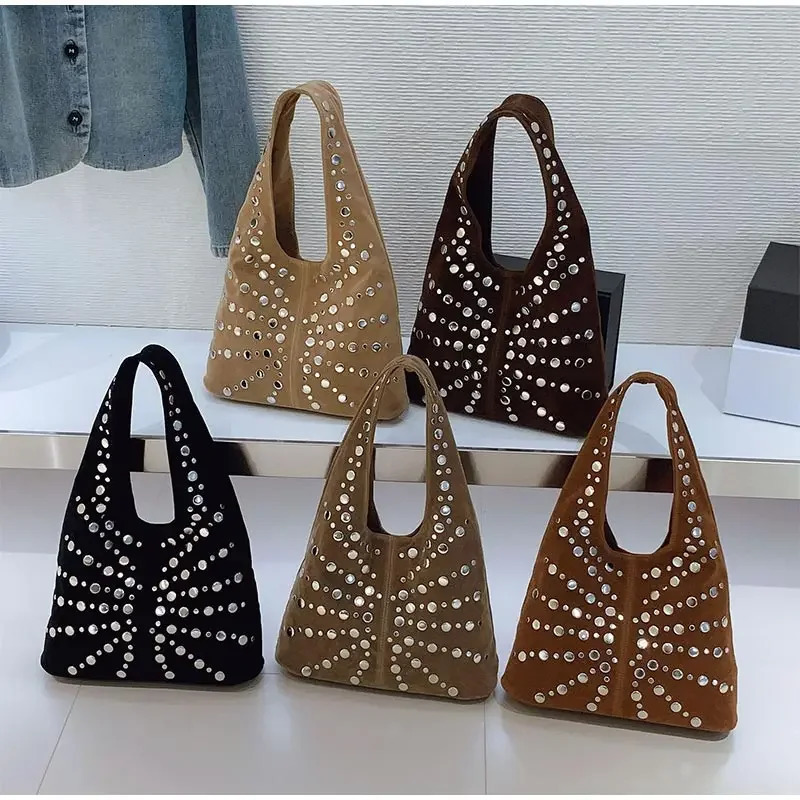 Fashion Punk Metal Rivet Bucket Bag High-end Pu Suede Underarm Shoulder Tote Bag Autumn Winter Trendy Motorcycle Bag Womens Bag 251104