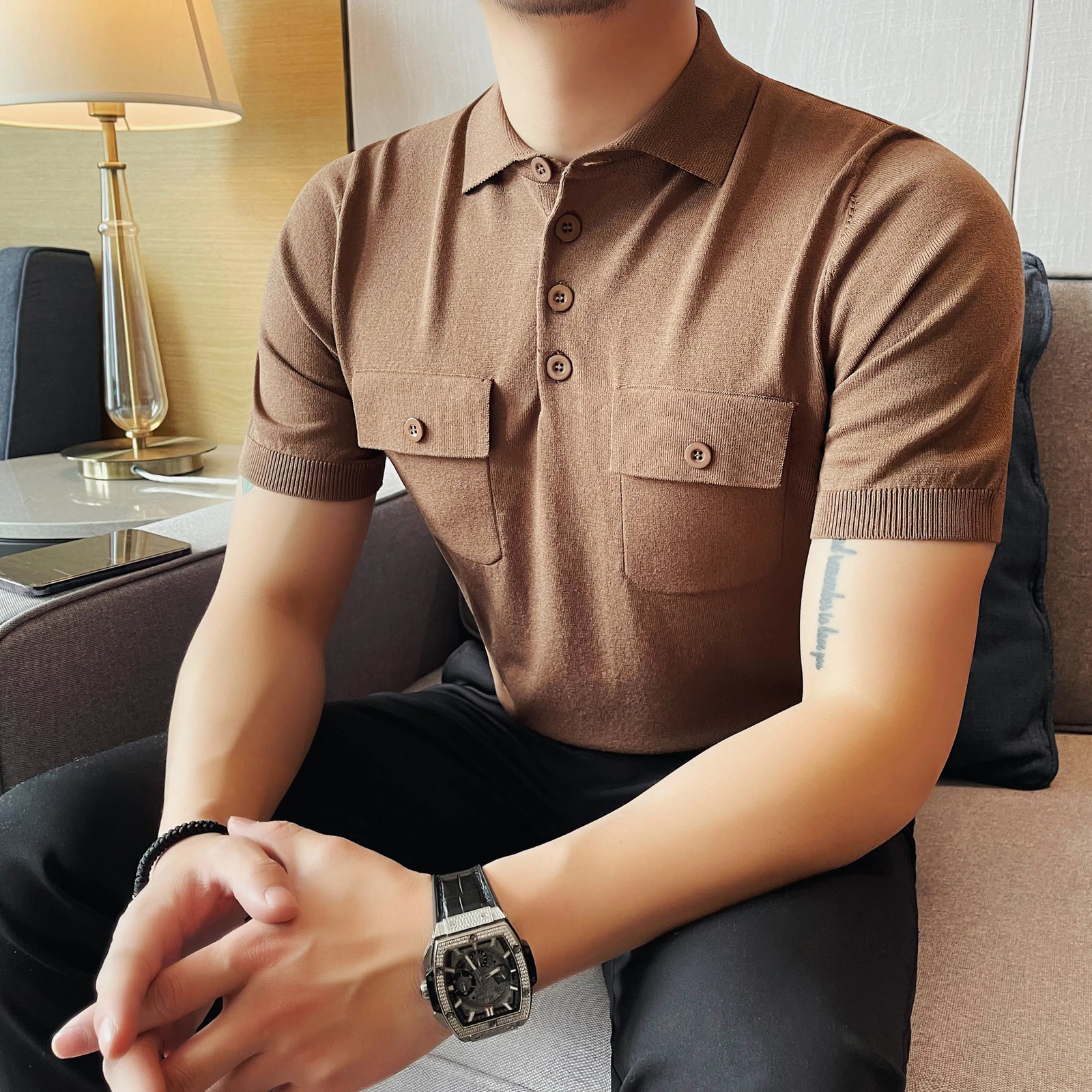 Polo shirt mens summer fashion double pocket short sleeved mens polo shirt slim fit casual silk knit pull-out 250401