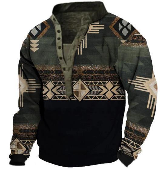 Spring new mens standing collar printed military uniform top mens long sleeved T-shirt mens