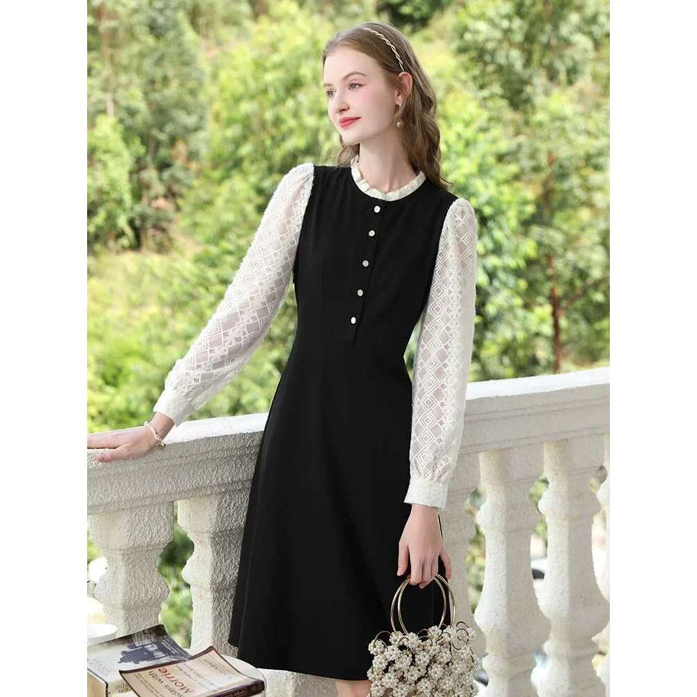 Women Autumn New A-E Black French Lace Patchwork Long-Sleeve Gentle Midi Female Dresses
