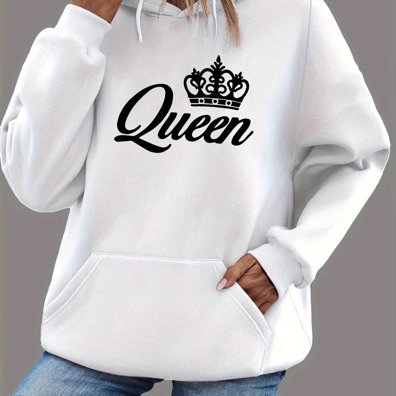 Womens autumn and winter fashionable casual loose Queen pattern printed round neck long sleeved drawstring hooded pulloverT251105