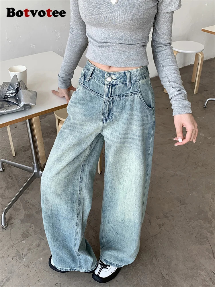 Botvotee grab grain burlap bag jeans for womens springsummer Korean fashion wide leg high waist blue denim 250403