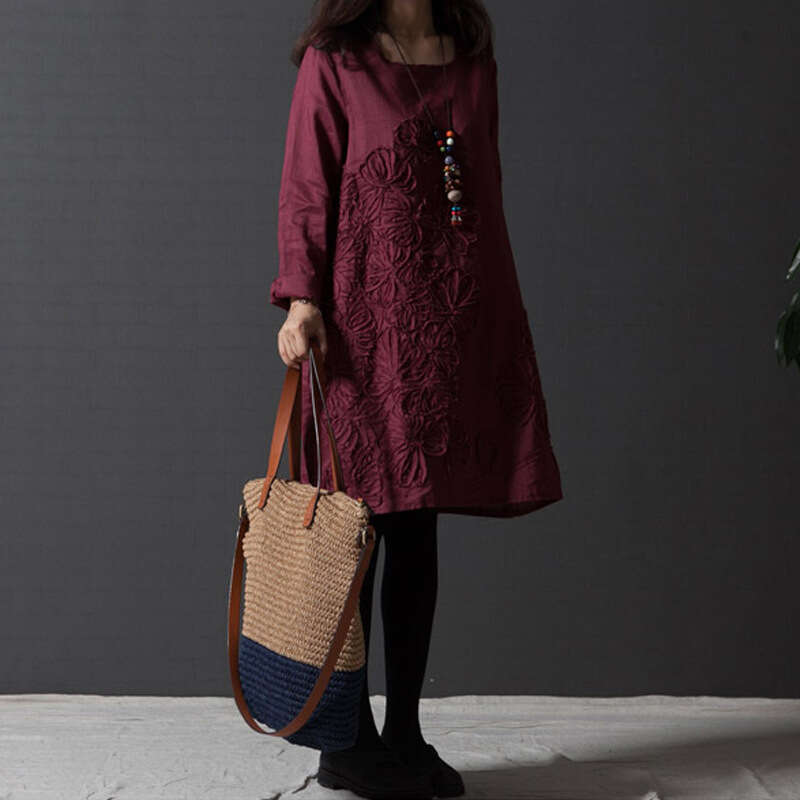 Plus Size Women's Clothing Artistic Style Fresh Loose Embroidered Long Sleeve Cotton Linen Dress Trendy B5