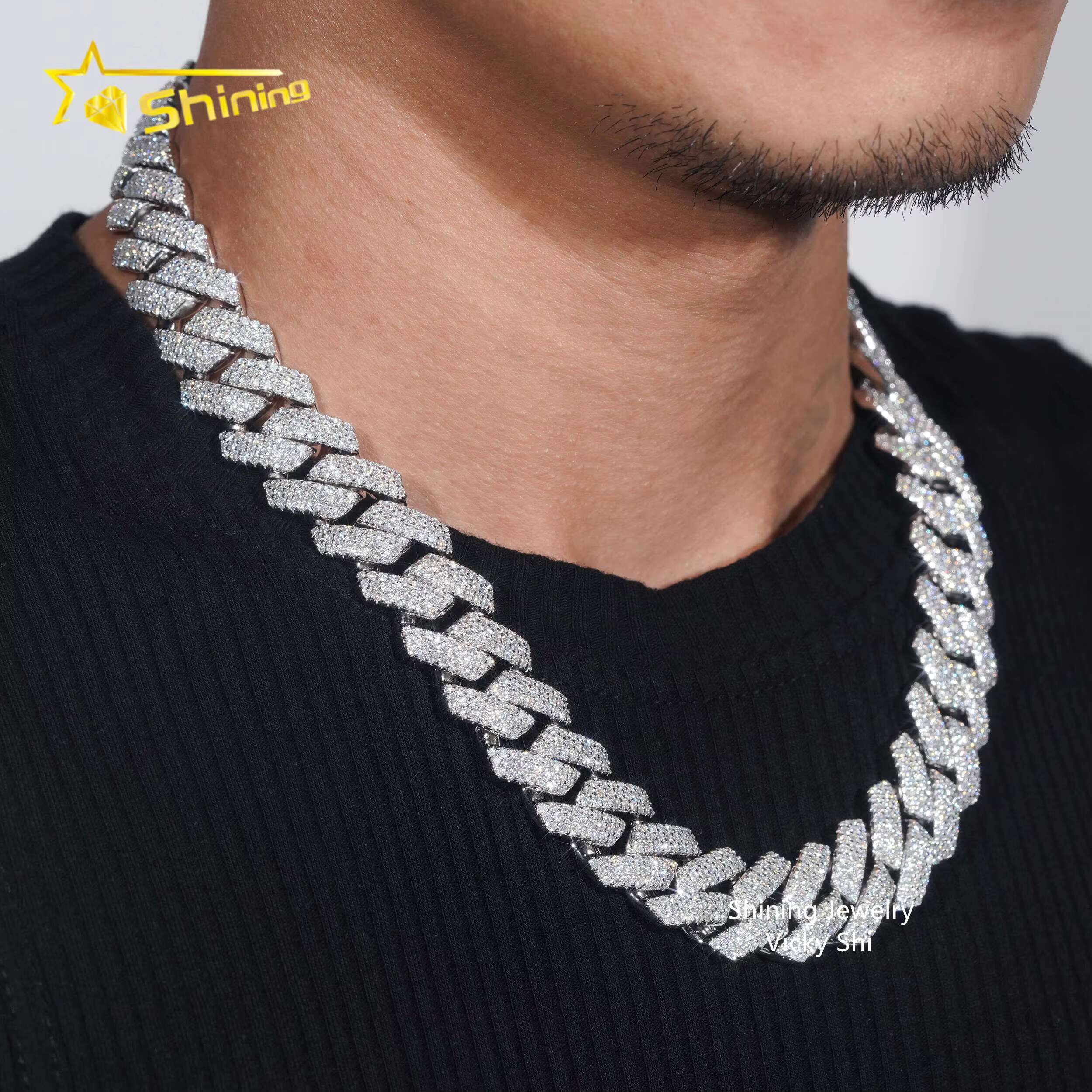 Fine Jewelry 925 Silver 18MM Width Iced Out Moissanite Cuban Link Chain Custom Rapper Hip Hop Cuban Link Bracelet Necklace