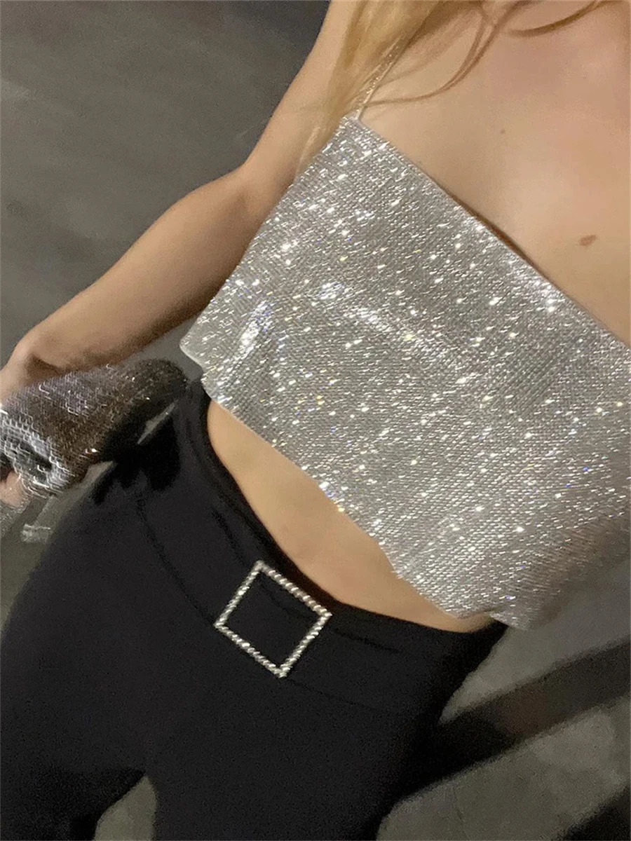 WSEVYPO Fashion Shining Italian Strap Vest Shining Bandeau Tube Top Fashion Women Strap Crop Top Party Club Street Top 250403