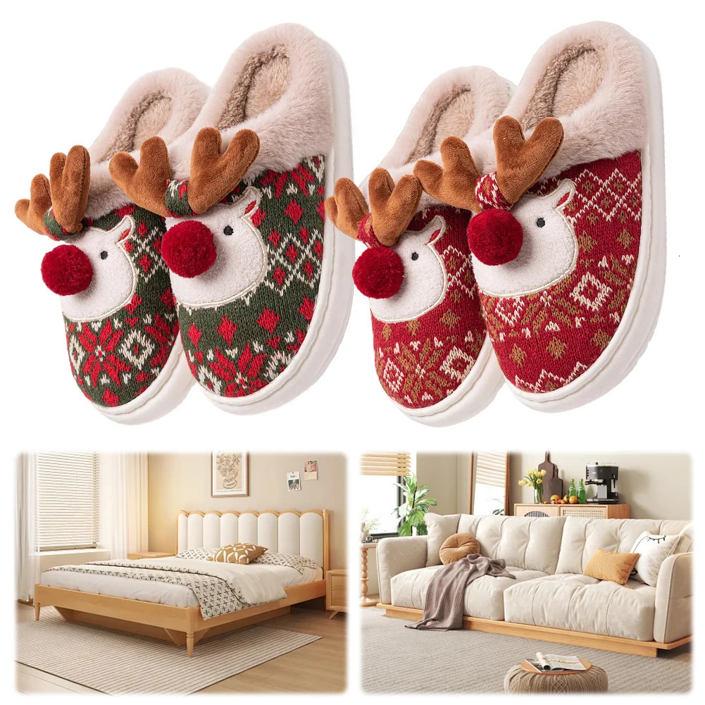 Christmas Elk Plush Slippers Flat Thermal Slippers Comfortable Furry Reindeer Slipper Anti Slip Cartoon Elk Slides for Men Women 251031